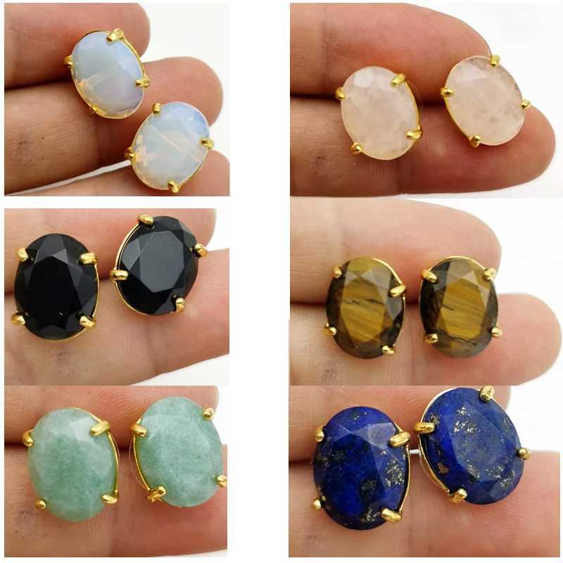 oval-shaped stud earrings silver color natural stone faceted pink quartz crystal tiger eye lapis lazuli healing jewelry for women y250715