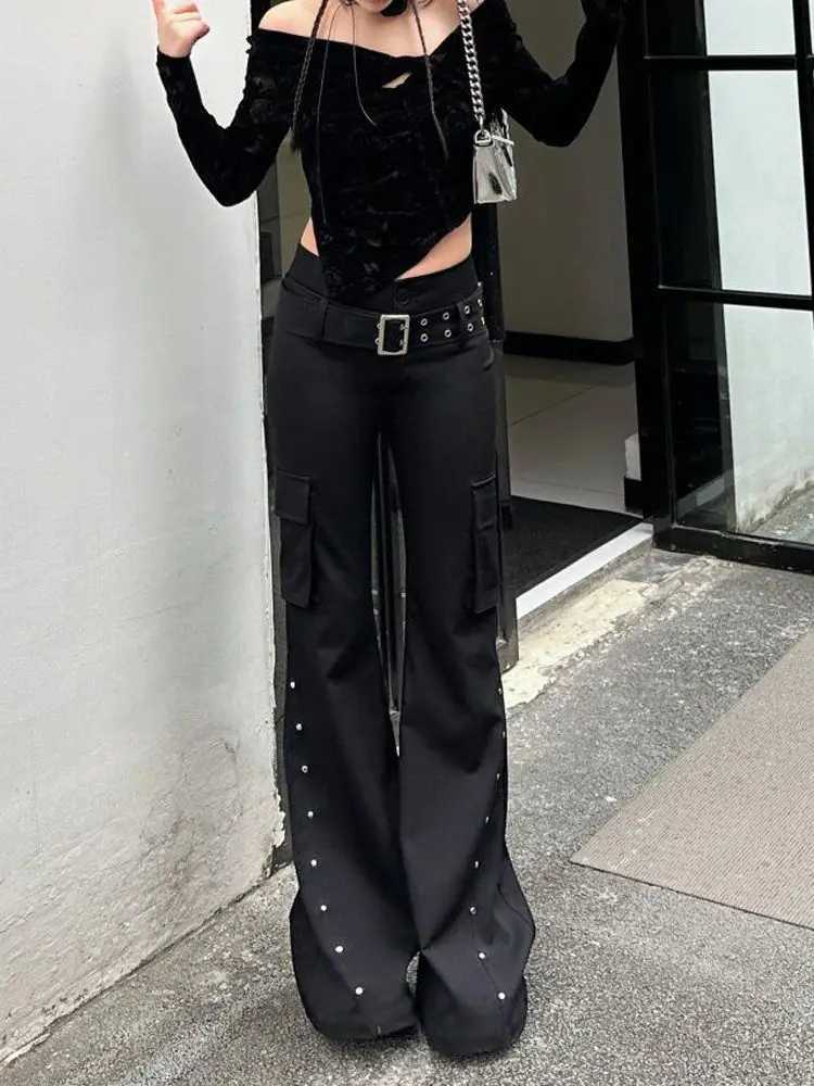 Retro New Pure Black Rivet Design Belt Decorative Slim Pants For Women Y2K Harajuku Goth Low-Waisted Flared Pants R250716