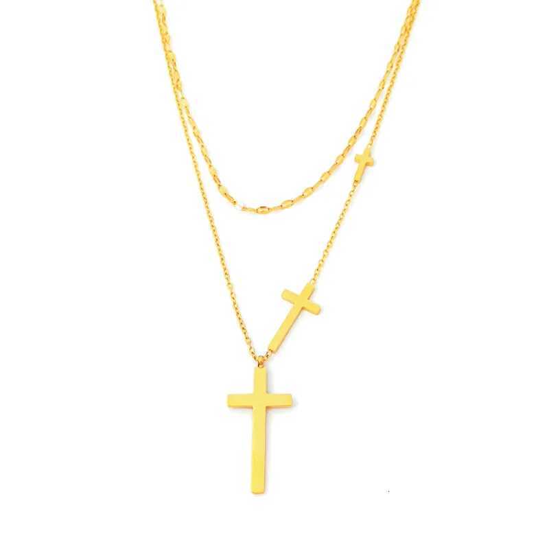 DIEYURO 316L Stainless Steel Golden Fashion Cross Double-layer Necklace For Women Girl Trend New Neck Chain Jewelry Party Gift W250528