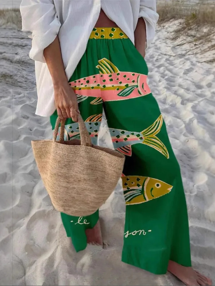 Spring Summer Casual Trousers Loose Sports Wideleg Pants Women Vintage Print Beach Party Holiday Long Clothes 250717