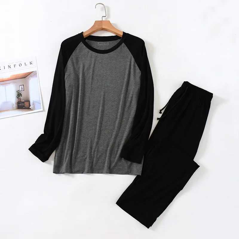 Spring and Summer Mens Modal Long-Sleeved Trousers Pajamas Set Splicing Large Size Sports Home Service Suit Spring and Autumn W250717