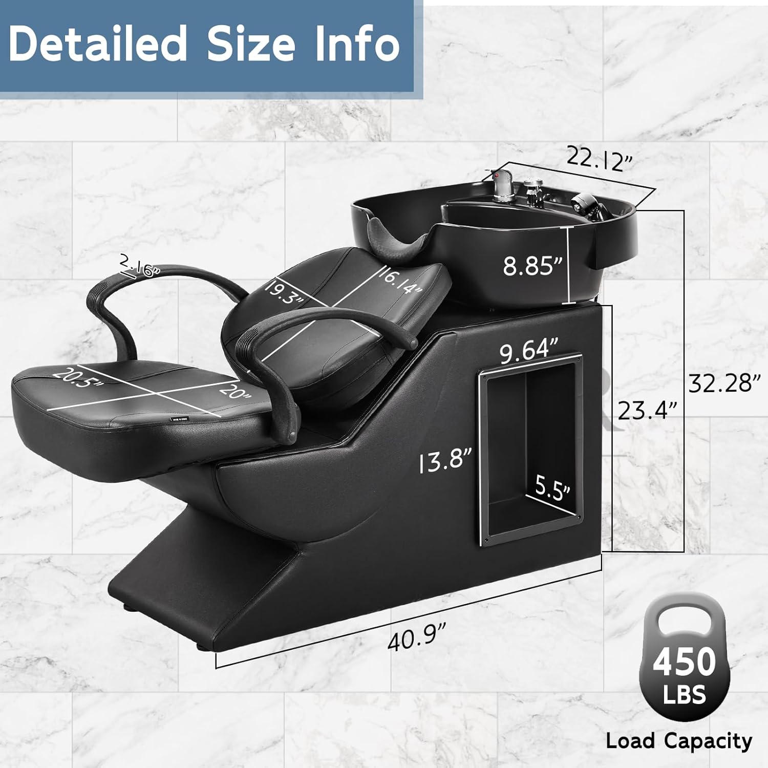 Shampoo Bowl and Chair Set for Salon Hair Washing Station for Hair Stylist ABS Shampoo Bowl Sink Chair with Side Store Compartment for Spa Beauty Barb