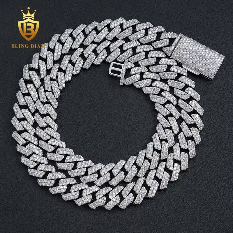 Factory Direct Wholesale Moissanite Cuban Chain Necklace Hip Hop Style VVS Diamond 2 Rows Sizes 12mm 925 Silver Men