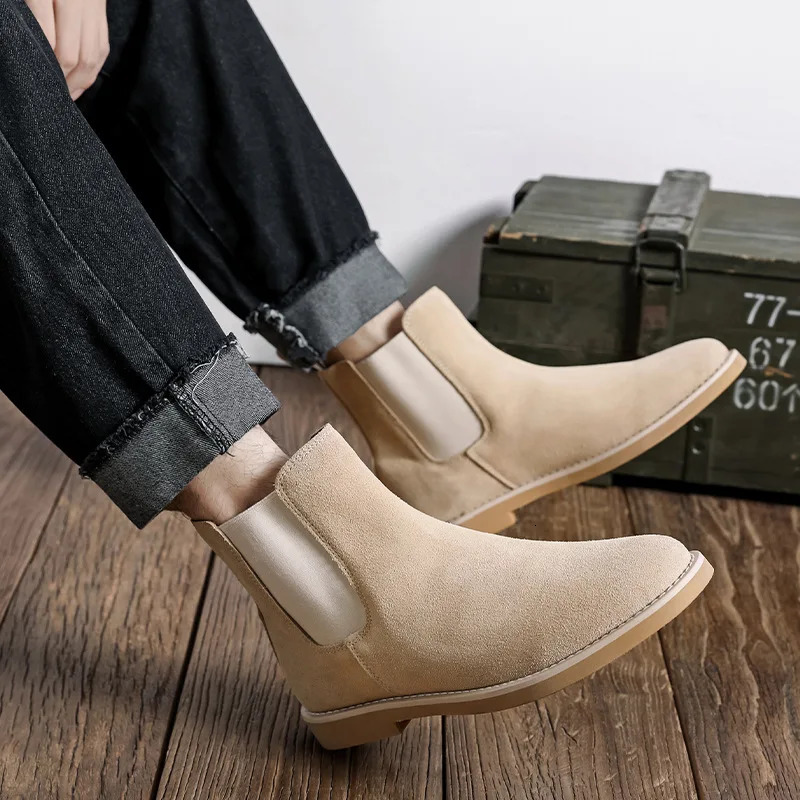 England style mens casual chelsea boots black beige cow suede leather shoes cowboy ankle boot breathable handsome short botas 250715