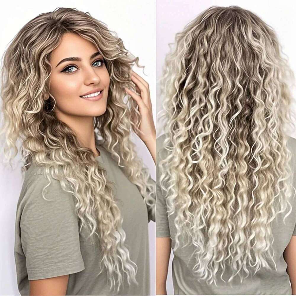 Womens Long Synthetic Hair Ombre Blonde Curly Female Natural Wavy Drag Queen Regular Wig 80S Gradient Wigs For Student