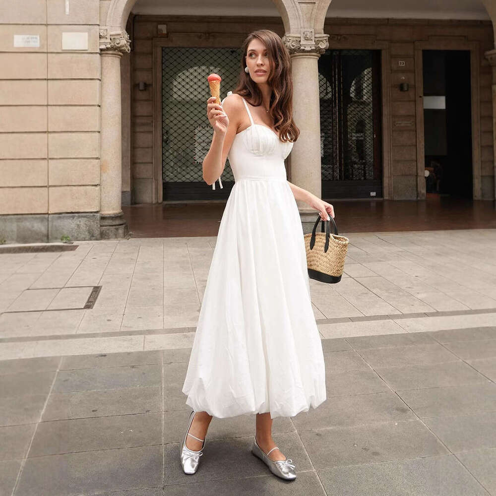 Strap Balloon Summer Waist-Cinching Puff Sleeve Large Swing Pure Cotton Dress For Women B5