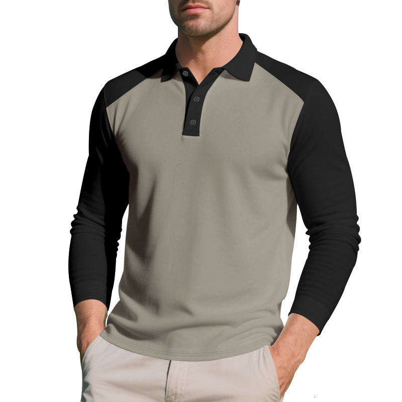 American Style Autumn Winter Men's Polo Color Block Casual Golf Turn-down Collar Long Sleeve T-shirt Base Shirt
