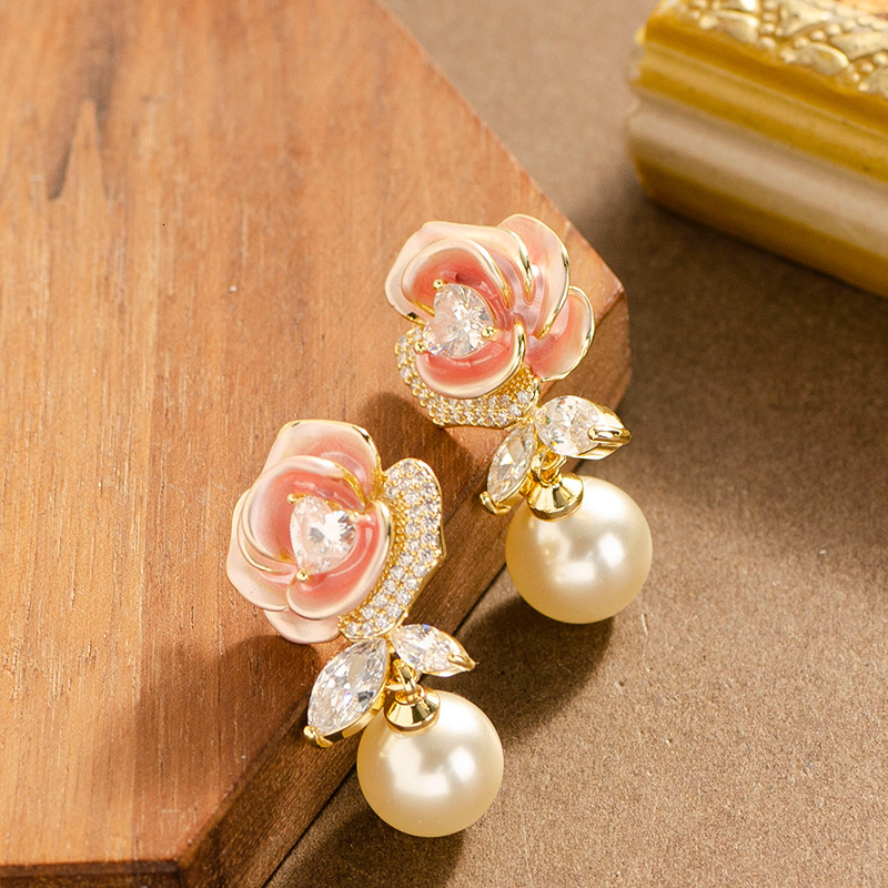 S Sier Needle French Elegant Temperament Glazed Camellia Zircon Pearl Earrings High-end Fashion Versatile Ear Jewelry