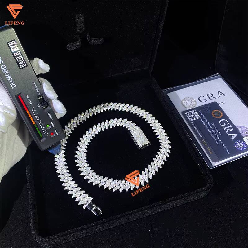 12mm Hip Hop Miami Cuban Link Chain 2Rows 925 Sterling Silver Vvs Moissanite Iced Out White Gold Plated Cuban Necklace