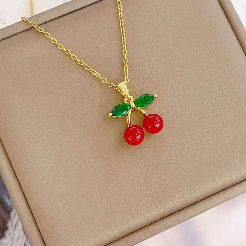 Korean And Japanese Style Trendy Red Cherry Pendant Necklace For Women 2025 Spring Light Niche Collarbone Chain Accessory 906
