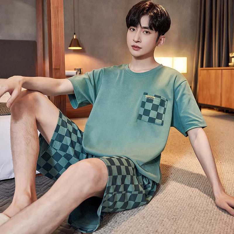2Pcs Cotton Mens Pajamas Set Short Sleeve Mens Summer Homewear Big Size L-3XL Men Plaid Breathable Sleepwear Men Pajamas W250717