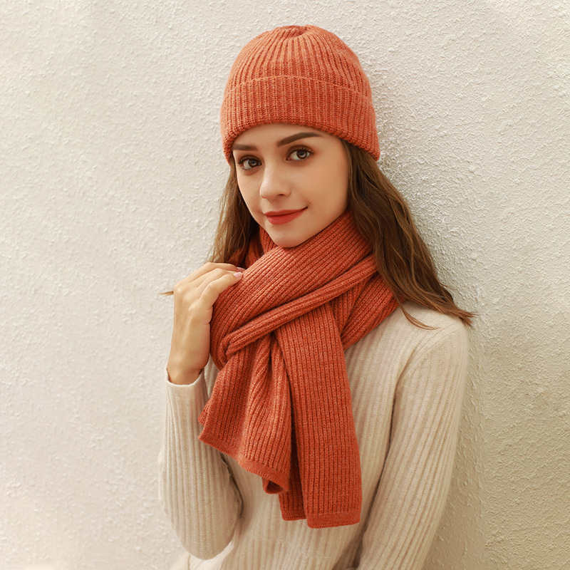 K1377 Solid color ribbed knitted scarf for women winter new foreign trade imitation cashmere warm wool neck scarf two-piece set