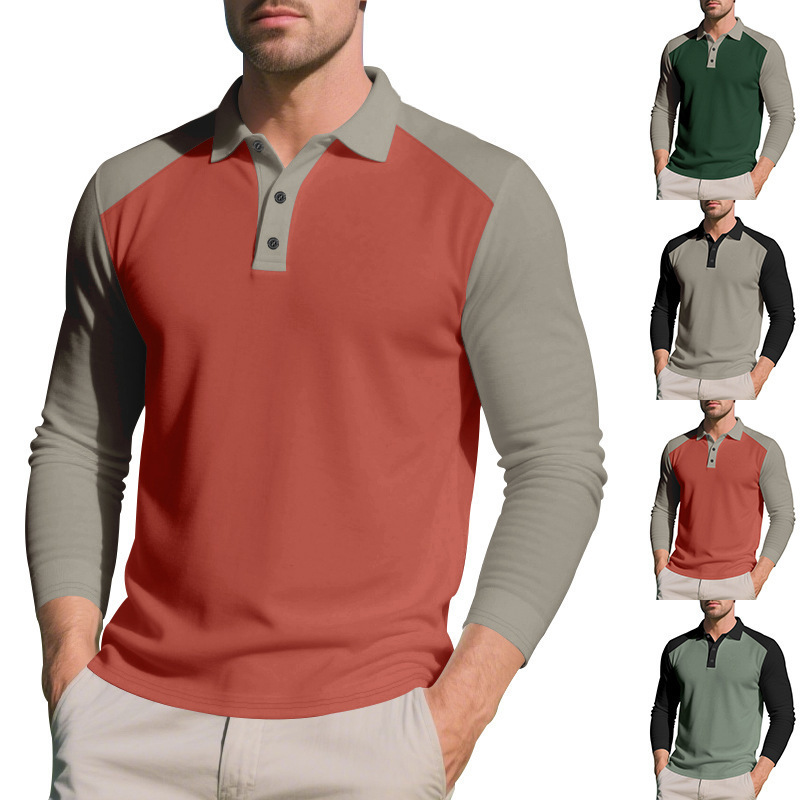 American Style Autumn Winter Men's Polo Color Block Casual Golf Turn-down Collar Long Sleeve T-shirt Base Shirt