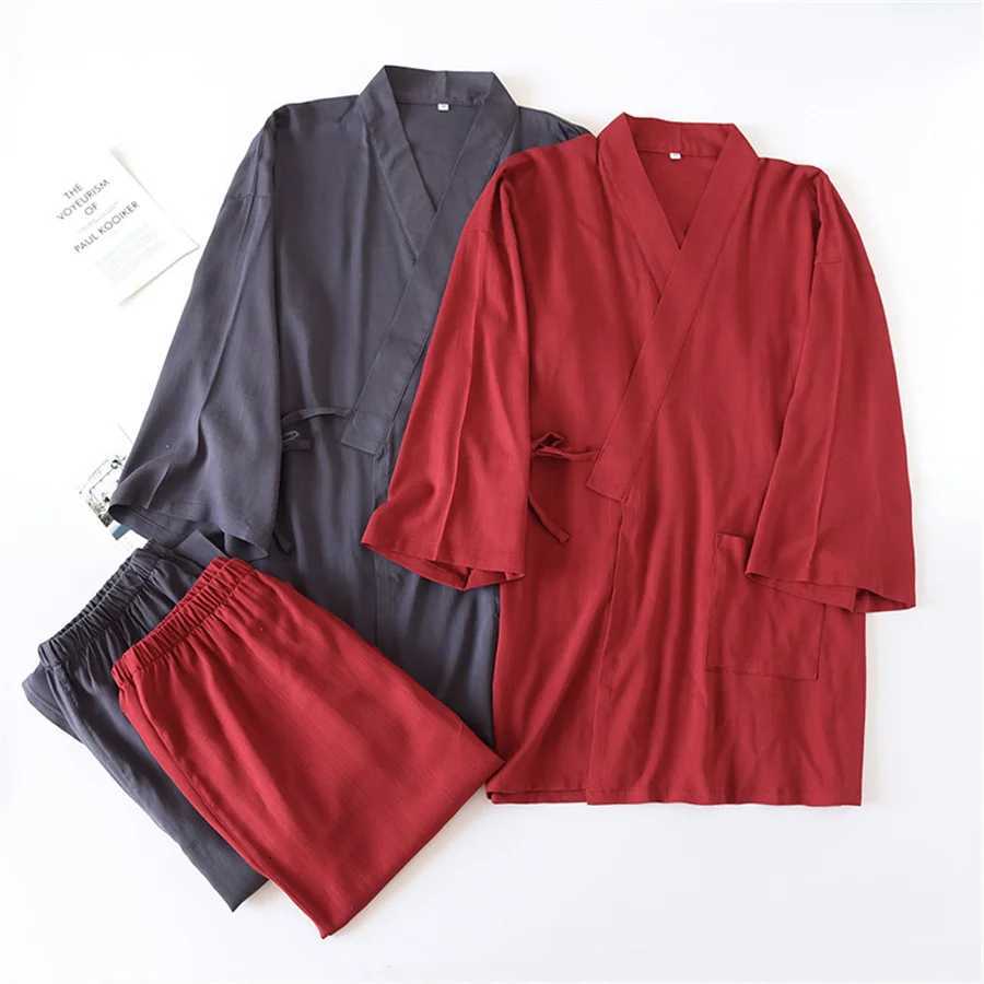 2025 Japanese Kimono Robe Sets Mens Cotton Linen Pajamas Two-piece Set Couple Loose Bathrobes Steam Suit Home Service Suits W250717