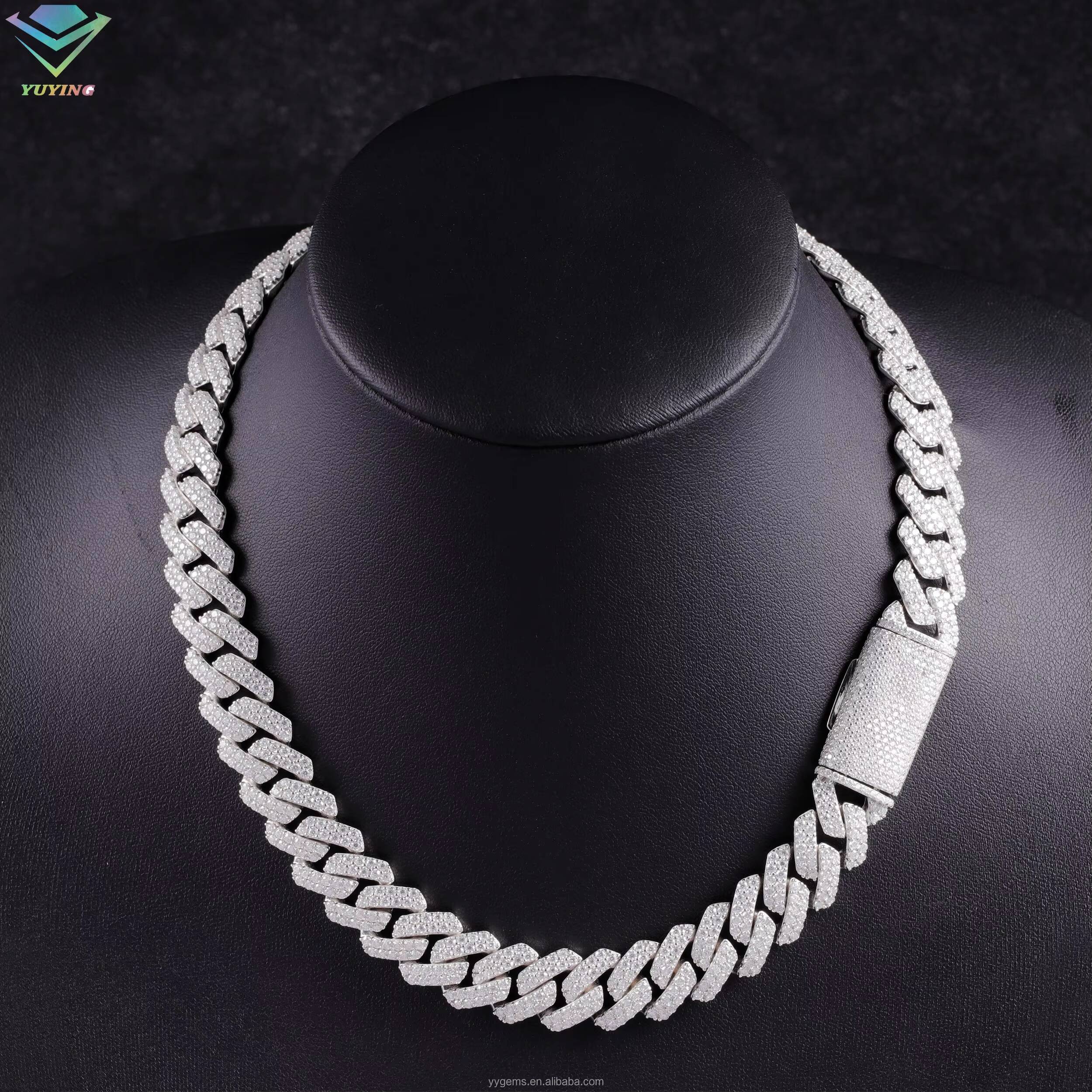 Hot Sale VVS Mossanite Cuban Chain Jewelry 2rows 15mm Wide 925 Solid Silver Iced Out Diamond Cuban Link Chain Hip Hop Necklace