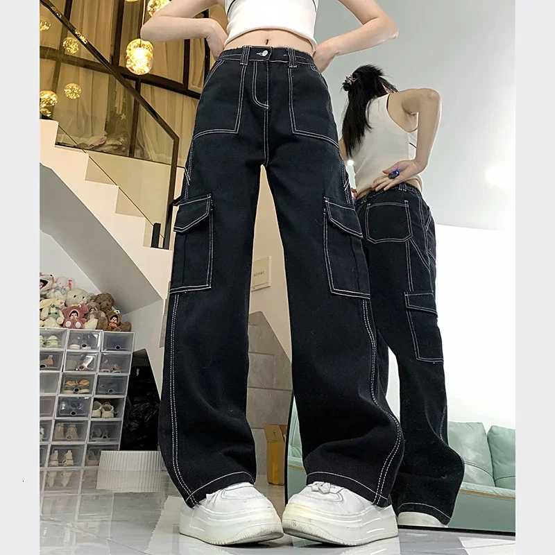 2024 Women Retro Streetwear High Waisted Denim Pants Lady Baggy Straight Leg Wide Leg Pants Girls Fashion Casual Black Trousers R250716