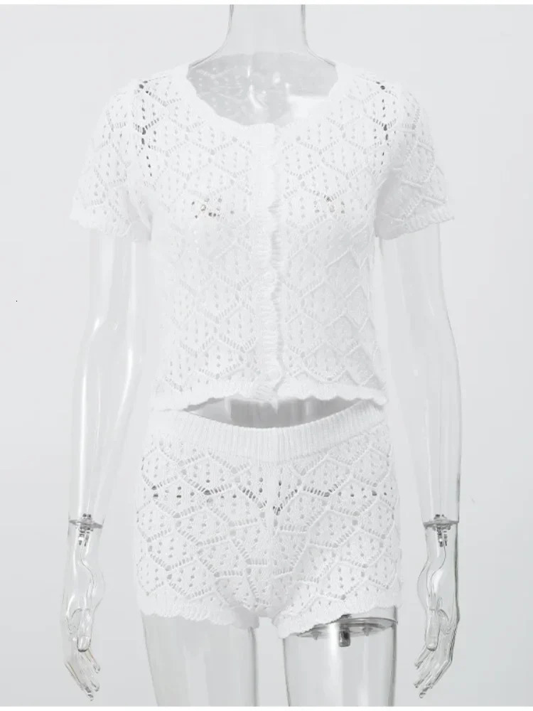 Chic Hollow Out Crochet Shorts 2 Piece Set White Short Sleeve Round Collar Button Down Top Female Summer Vacation Outfits 250714