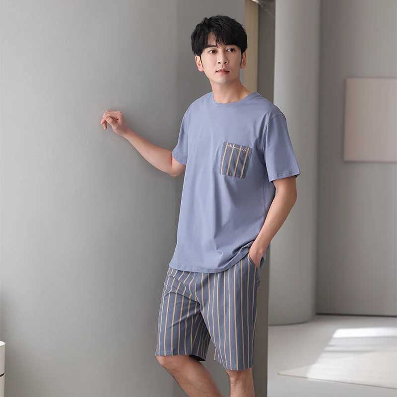 Men Pajamas Set Summer Short Sleeve Striped Casual Tracksuit Sleepshirt + Shorts 2-piece Pajamas Male 4XL 5XL 6XL 7XL Mens Pajamas W250717