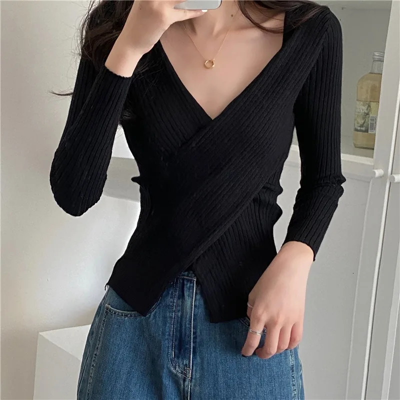 Autumn Winter Knitwear Tops Fashion Female Long Sleeve Skinny Elastic Casual Vneck Knitted Shirt Pullover Sweaters 250707
