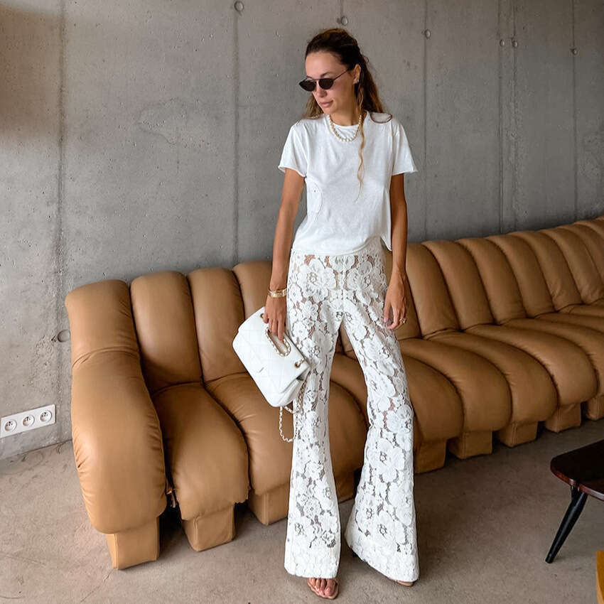 Spring Summer New Women's Jacquard Lace Floral Hollow Slimming Slightly Flared Pants B5