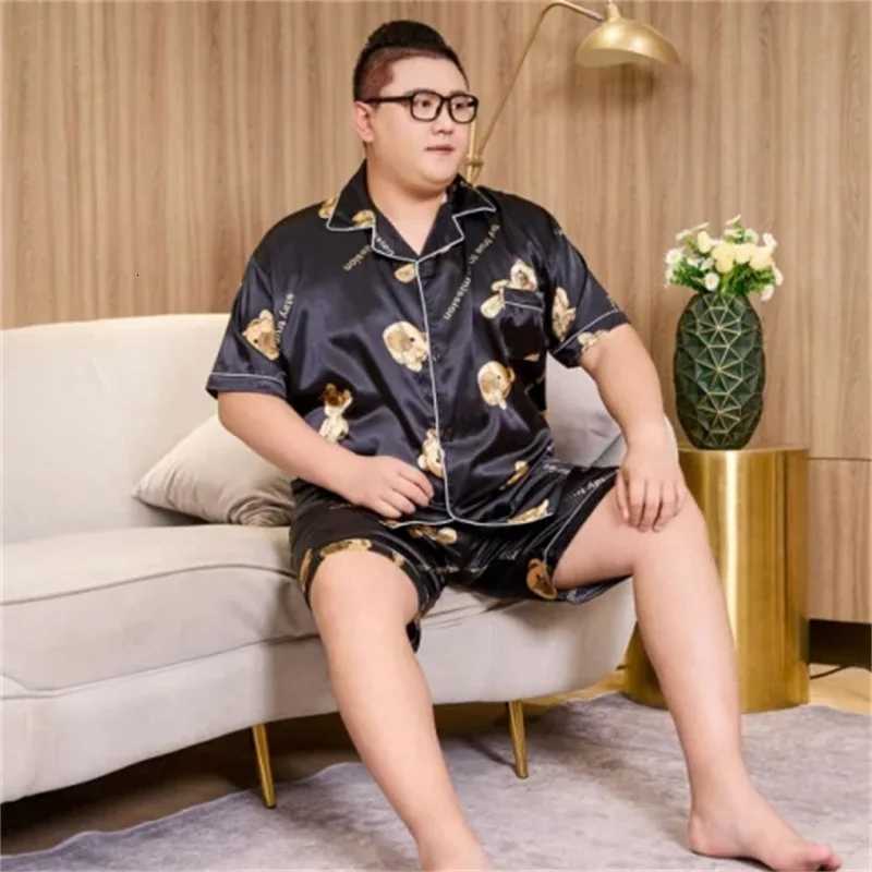 3XL-5XL 50kg Plus Size Mens Satin Pajamas Summer Cartoon Short Sleeve Button Up Top and Shorts Pj Lounge Set Loose Sleepwear W250717
