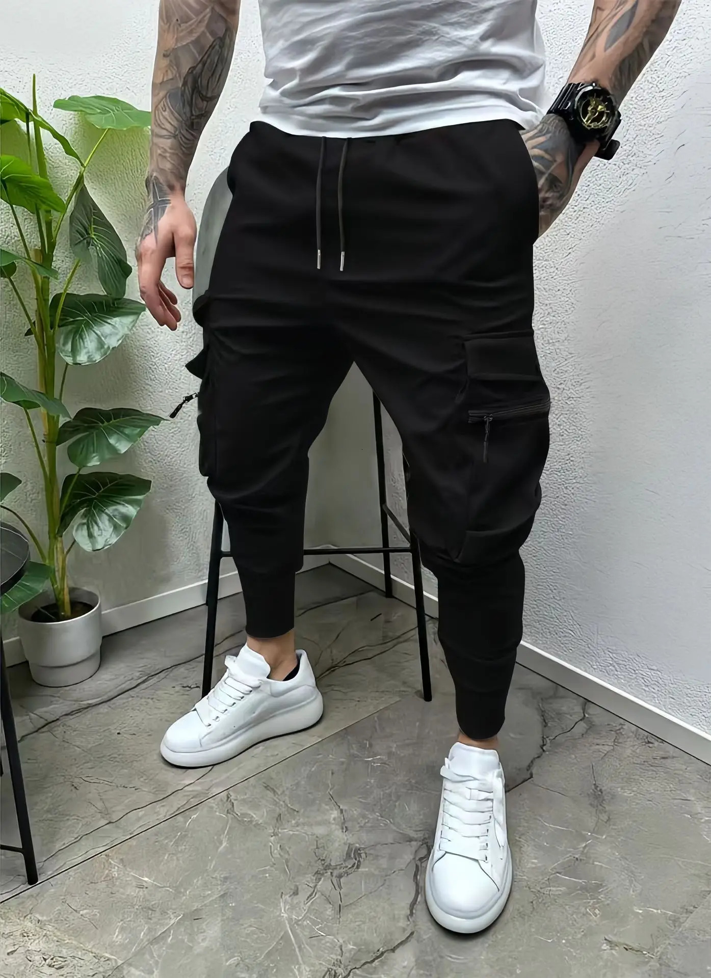 Mens spring and autumn drawstring casual multi-pocket leg slim-fit street overalls outdoor trend pants and fitness pants 250715