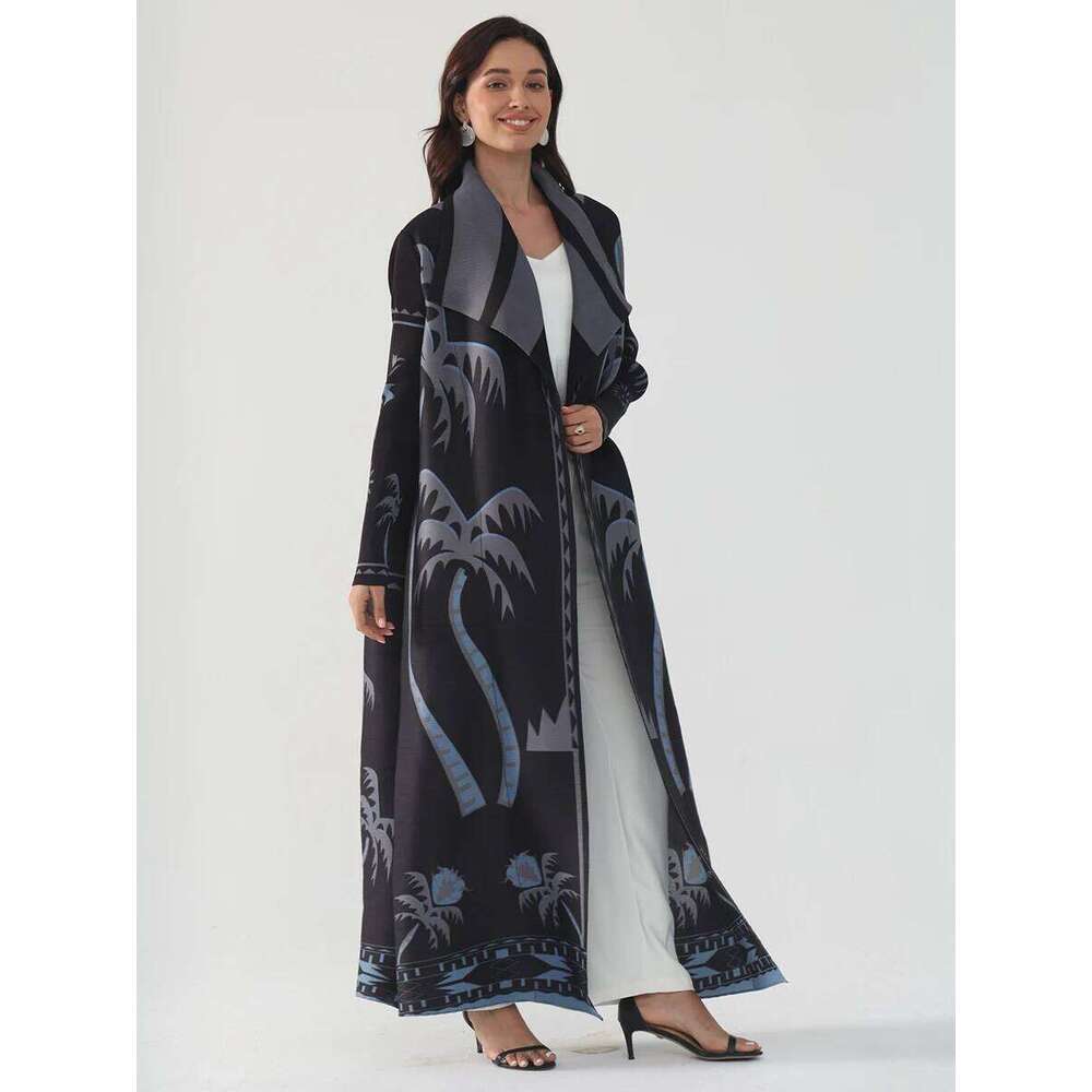 Miyake Pleated Turndown Collar Long Sleeve Printed Abaya Women 2025 New Dubai Original Designer Loose Cardigan Dress Coats