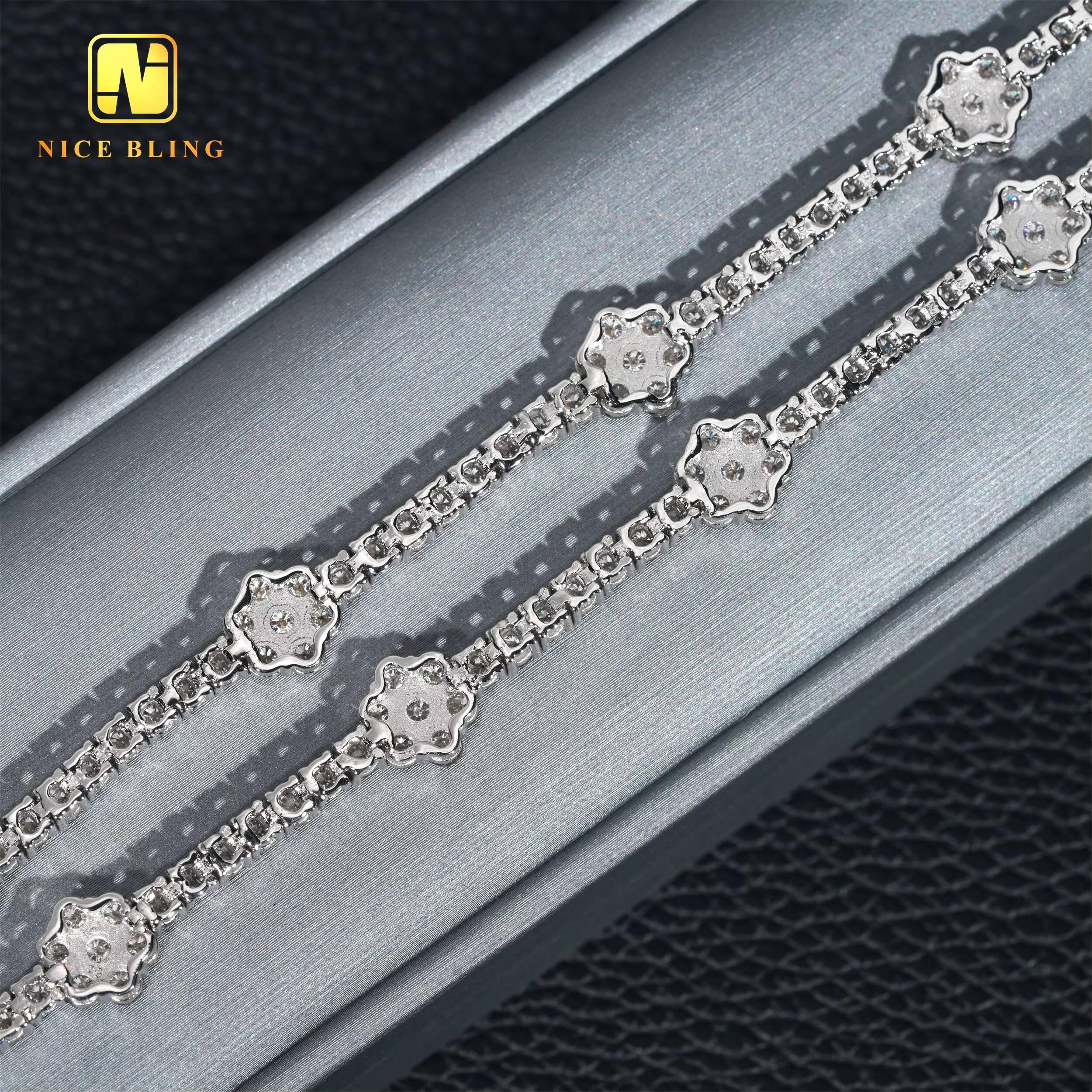 Ready to Ship 3mm Flower Tennis Bracelets 925 Sterling Silver VVS Moissanite Diamond Tennis Bracelet Hip Hop Fashion Jewelry