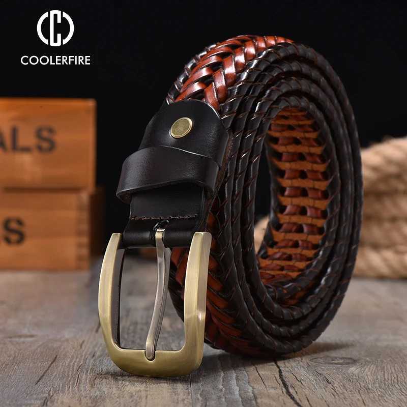 Men Genuine Leather Braided Belts Webbing High Quality Hand Vintage Belts for Men Gold Pin Buckle Casual for Jeans Strap HQ212 W250717