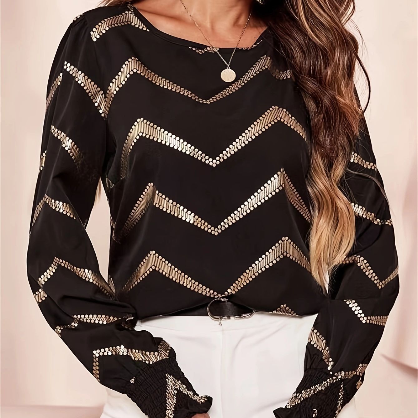 Round Neck Shirt Casual Pleated Long Sleeve Gold Stamping Spring Autumn Women's Clothing