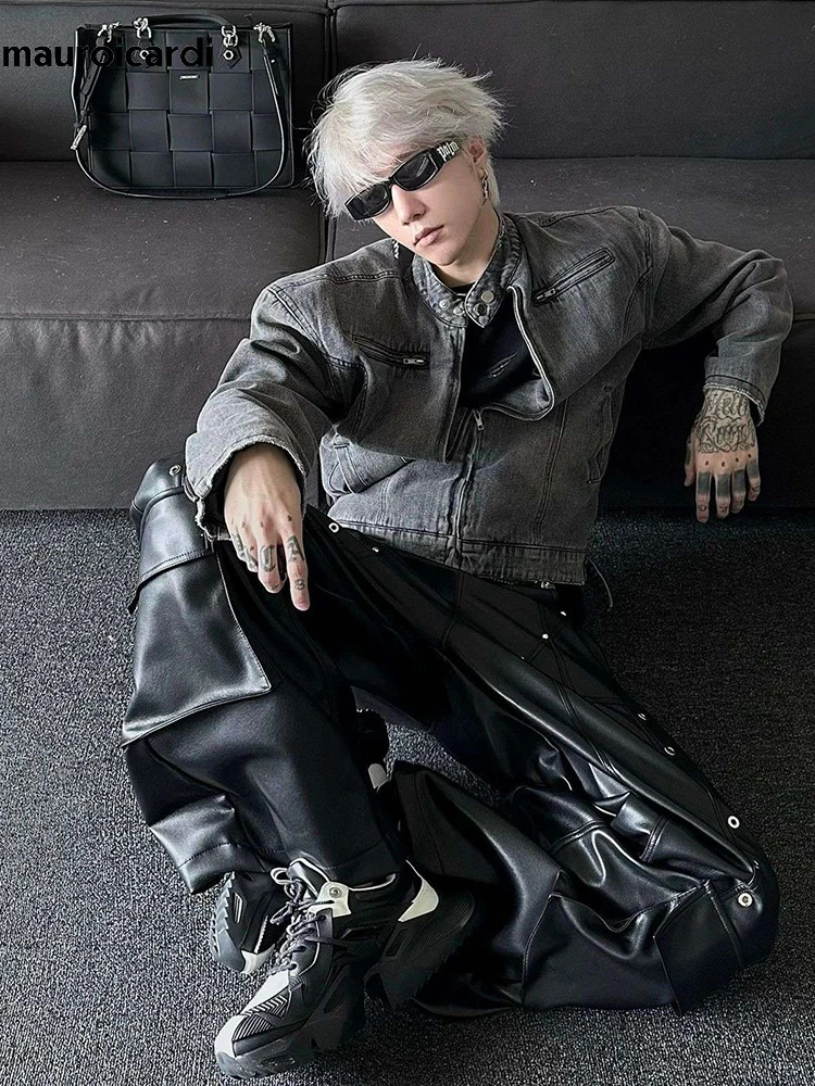 Mauroicardi Spring Autumn Long Loose Casual Black Shiny Pu Leather Pants Men Rivet Wide Leg Trousers Punk Style Streetwear 2024 250704