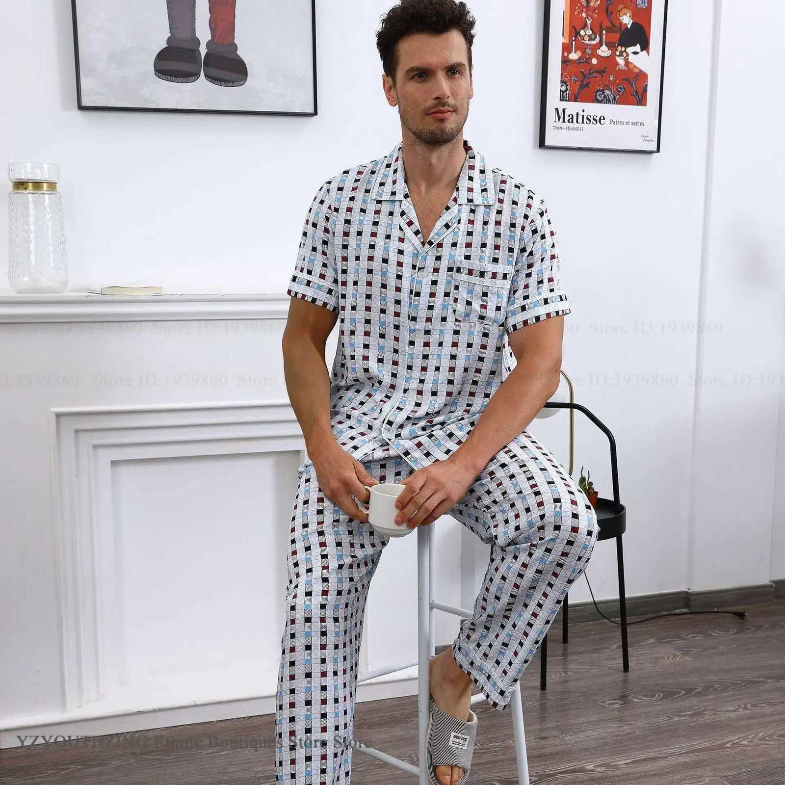 New Mens Pajamas Set Spring Summer Short Sleeve Shorts Pajamas Suit Home Clothes Loose Casual Plaid Sleepwear Lounge Wear W250717