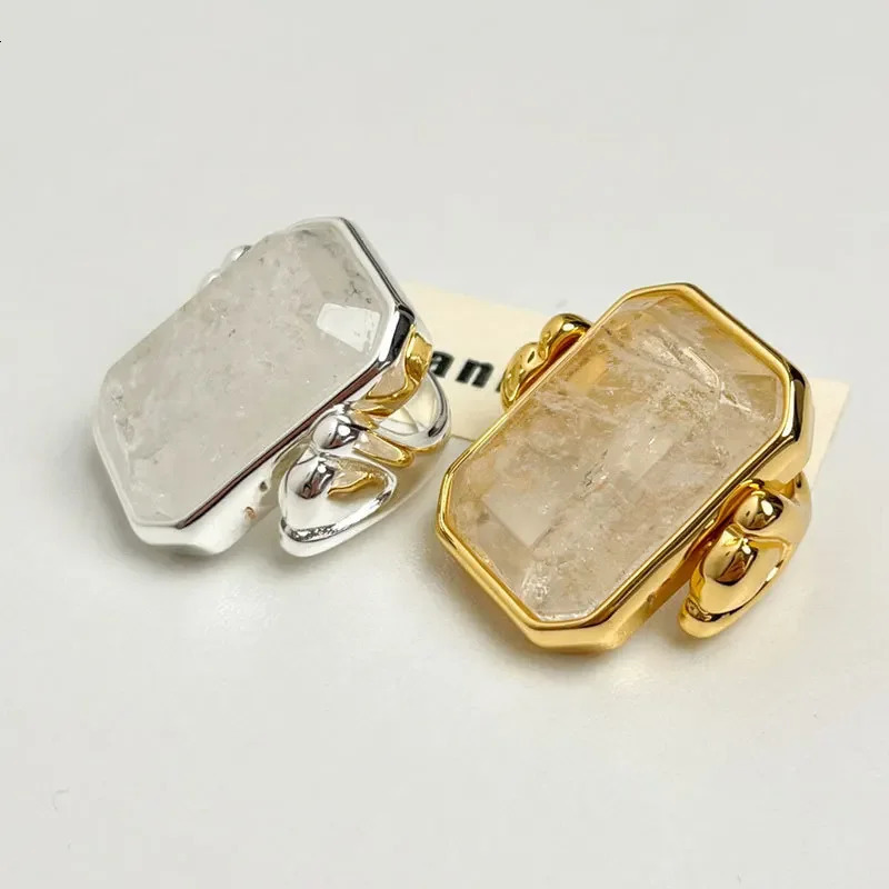 14K Gold-plated French retro fashion square sugar natural stone crystal ring exaggerated vacuum high-end feeling ring 250716