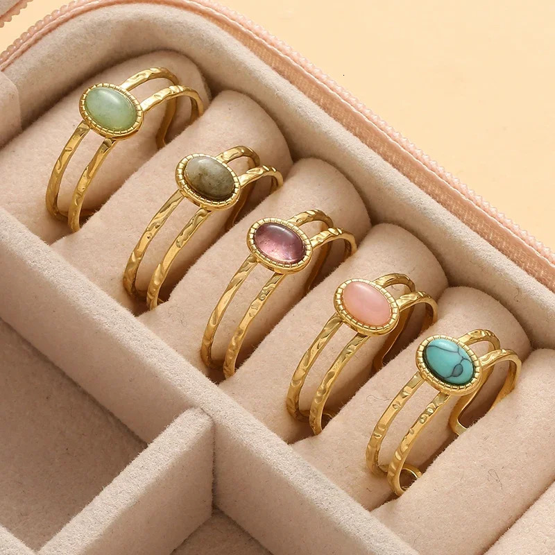 Boho Enamel Turquoise Stone Wide Rings Stainless Steel Gold Plated Hollow Multilayer Adjustable Open Rings Trend Rings for Women 250716