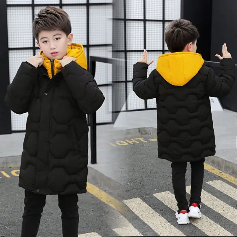 Childrens down jacket winter boys and girls Plush warm medium length jacket hooded large wool collar cotton padded jacket 250716