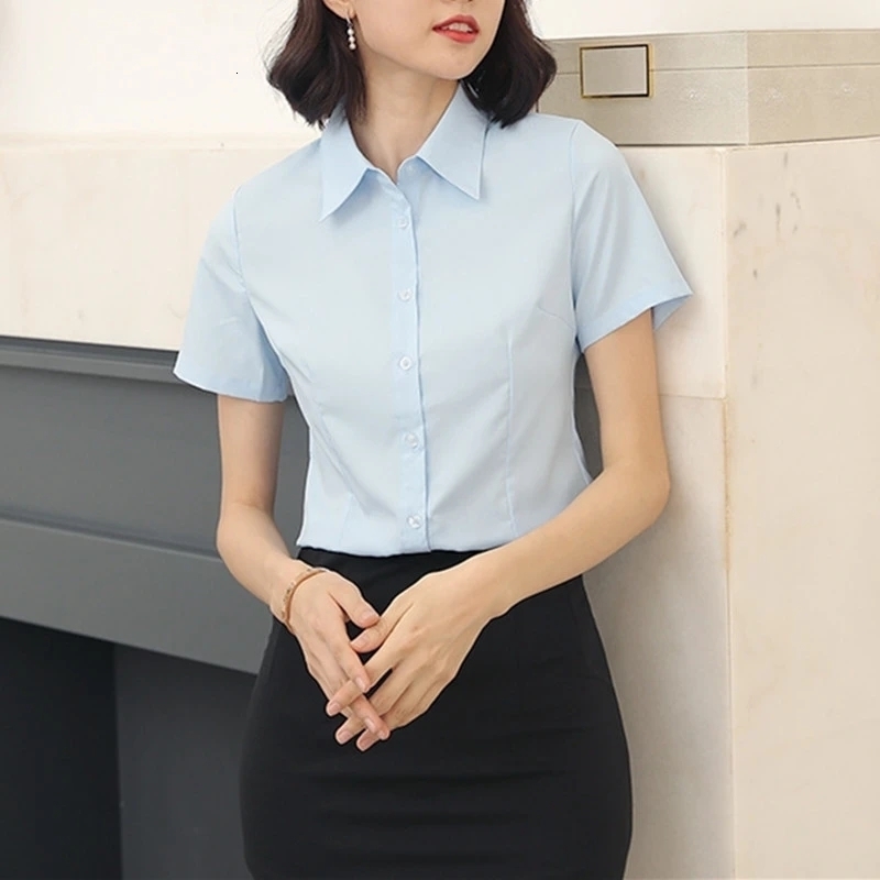 Fashion Woman Blouses 2024 Vneck Short Sleeve Solid Work Shirts Tops Pretty and Womens Blouse OL Elegant Female clothing 250704