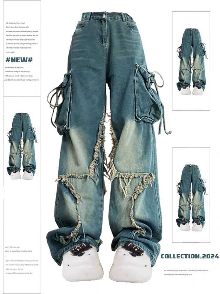 Women Blue Cargo Jeans Baggy Vintage 90s Aesthetic High Waist Cowboy Pants Harajuku Denim Trousers Y2k Trashy 2000s Clothing 2024 R250716
