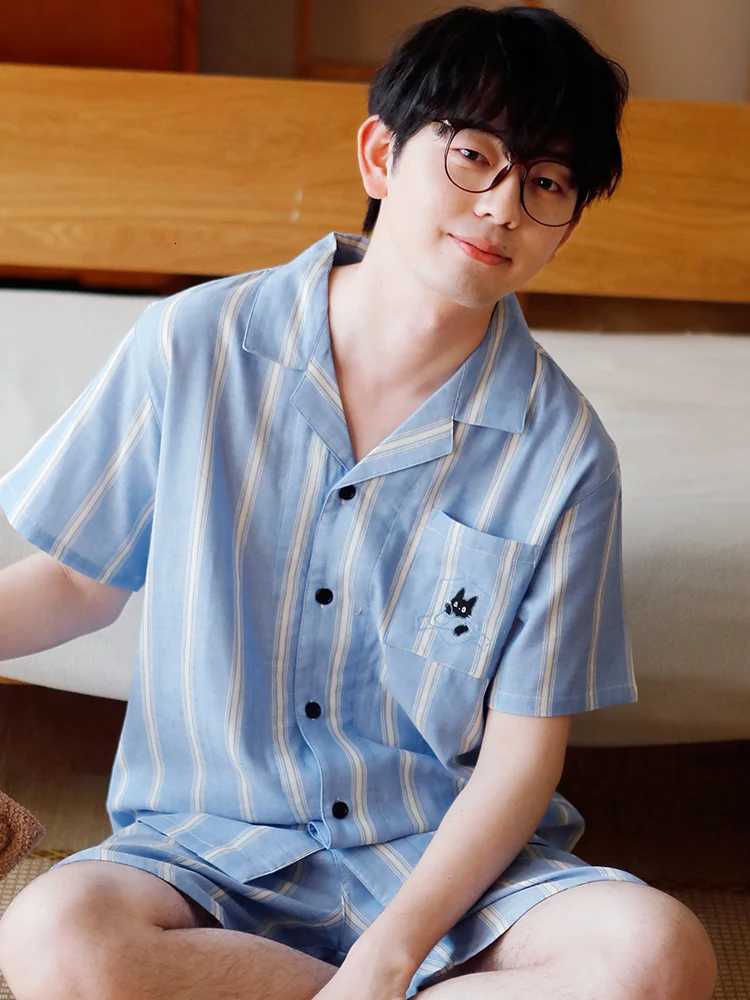 Couple Style Men Pajamas Summer Thin Style Pure Cotton Gauze High-End Short Sleeved Shorts Casual Home Wear New Two-Piece Set W250717