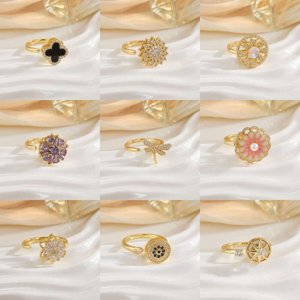 Hot Selling Rotating For Women Micro Paved Zircon Elegant Versatile Fashion Light Luxury Copper Gold Plated Ring 641