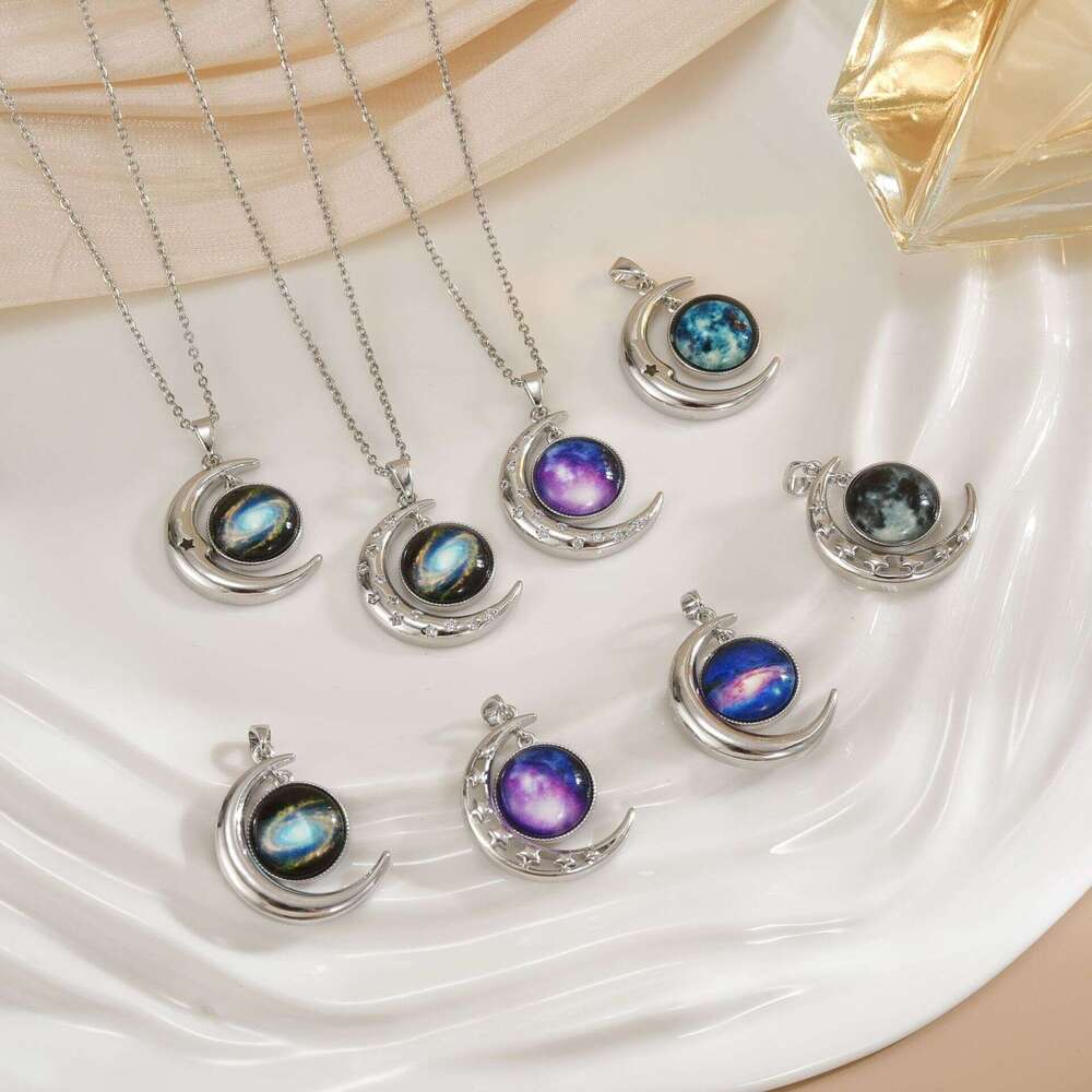 Galaxy Starry Sky Moon Pendant For Women Versatile Fashion Trend Titanium Steel Collarbone Chain Necklace 145