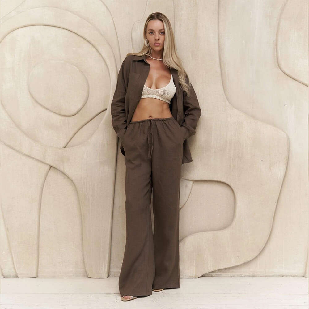 Pure Cotton Long Sleeve Shirt Wide Leg Summer Solid Color Flared Pants Casual Set B5