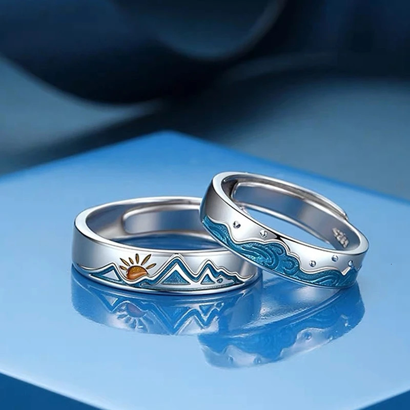 2 PCSSet Couple Rings For Women Sun Moon Dolphin Wings Electrocardiogram Cross Matching Jewelry Finger Open Ring 250704