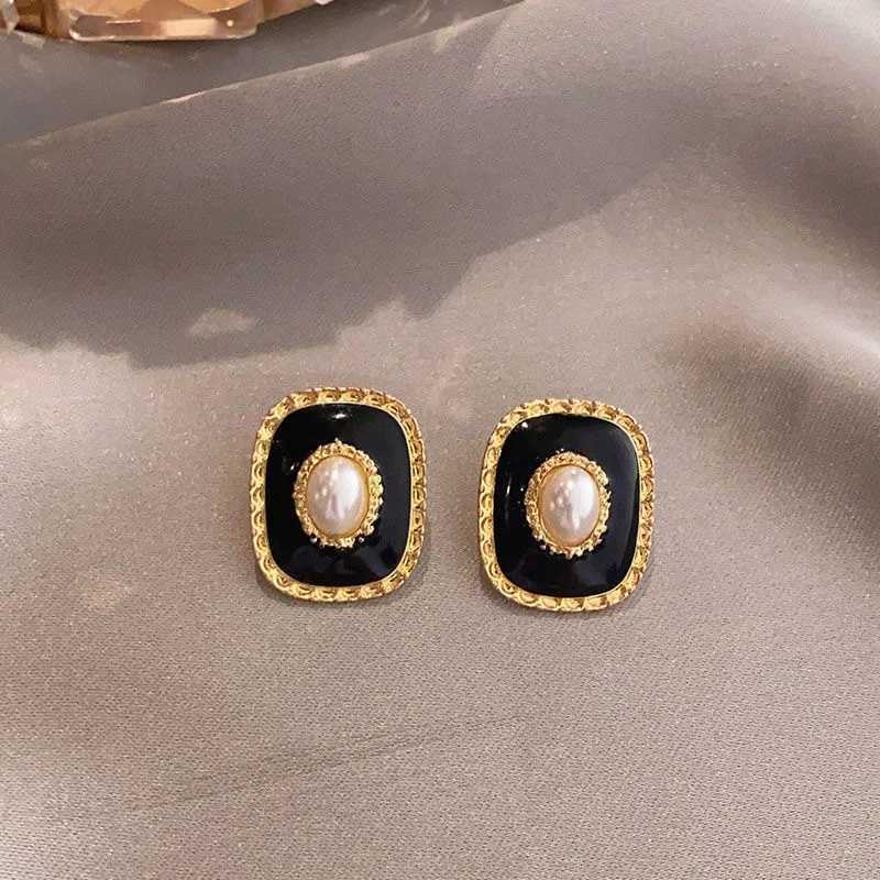 Retro Black Color Square Imitation Pearl Stud Earrings For Women Statement Unique Geometric Jewelry Wholesale Earrings y250715