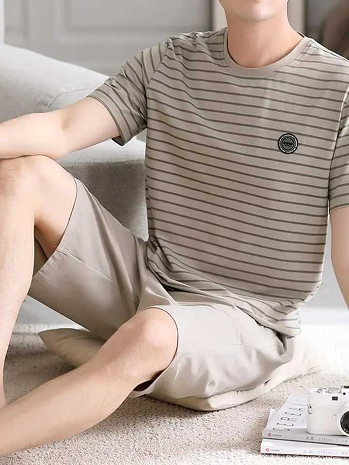 Mens Summer Short-Sleeve and Shorts Pajama Set Lightweight Bamboo Fiber Cooling Home Clothes for Hot Weather short-sleeved and W250717