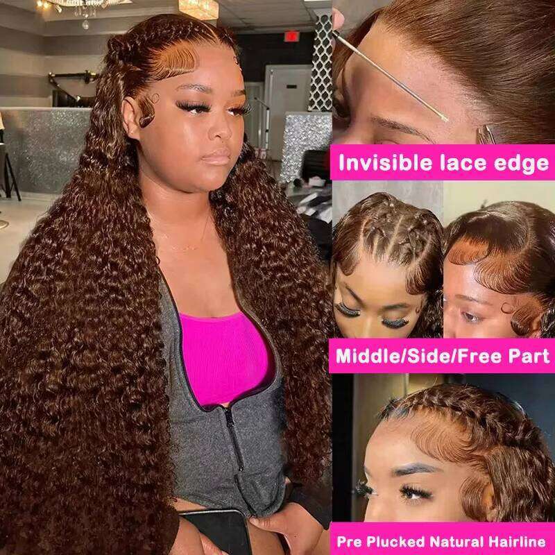30 32 Inch 13x6 Hd Lace Chocolate Front Curly Wigs Brown Human Hair Brazilian Deep Wave Frontal Wig For Women