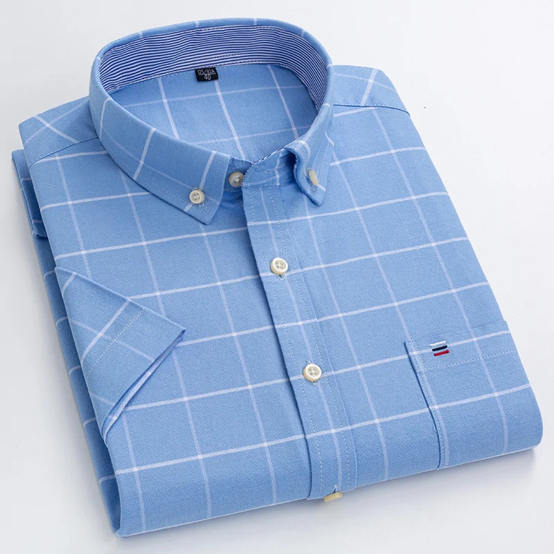 Fashionable Mens Shirt Short Sleeve 100 Cotton Oxford Stripe Plaid Formal Casual Social Available in Large Sizes 250708