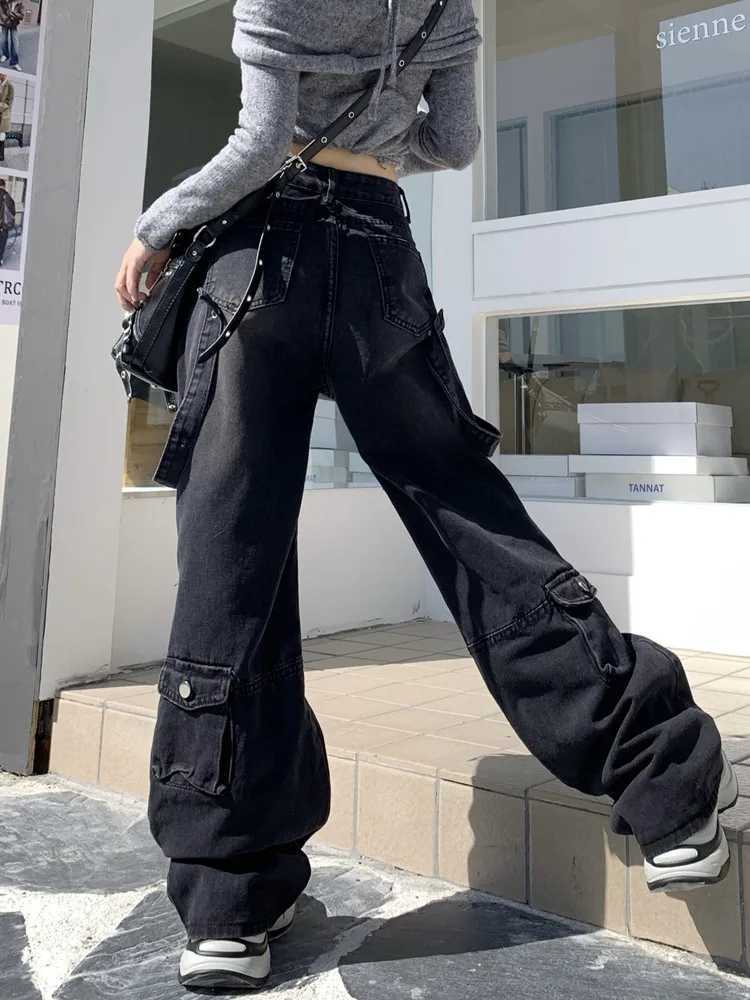 2000s Clothes Y2K Streetwear Washed Black Baggy Cargo Jeans Pants for Women Wide Leg Multi Pockets Straight Loose Lady Trousers R250716