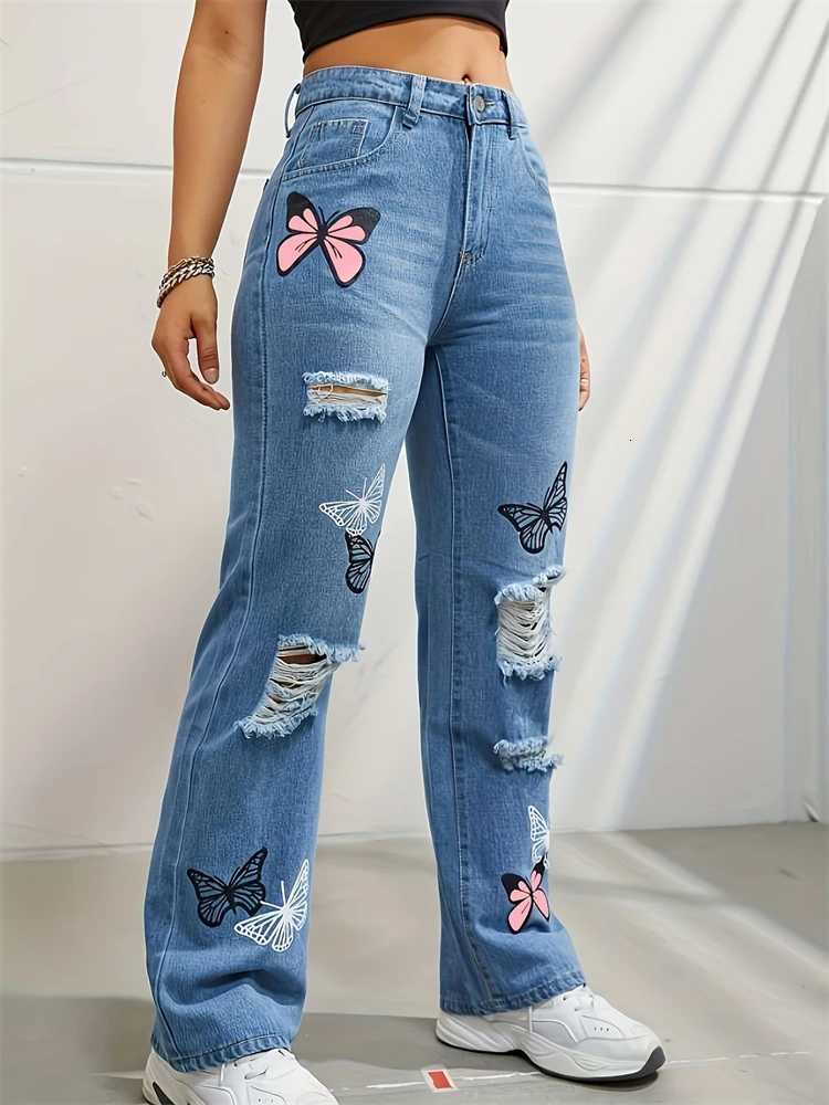 Womens Butterfly Print Holes High Waisted Blue Jeans Summer Trousers Cool Girl Casual Bottoms Female Wide Legs Denim Pants R250716