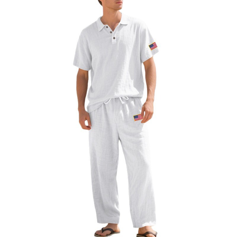 Summer New Linen Short Sleeve Long Pants Loose Turn-Down Collar Casual Independence Day Sports Set