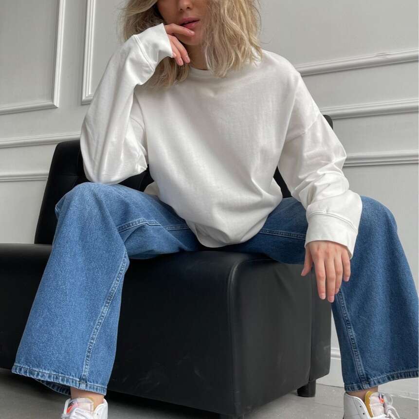 Ribbed Cuff Pure Cotton T-Shirt For Women 220G Knitted Loose Long Sleeve Top Ins Style B5